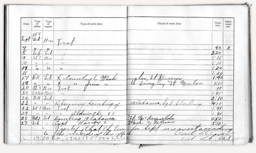 Pilot’s Log showing time dedicated to U.S.S. Alabama